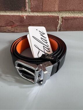 Falari Men’s Genuine Leather Belt Black Orange Buckle M (34-36) NEW